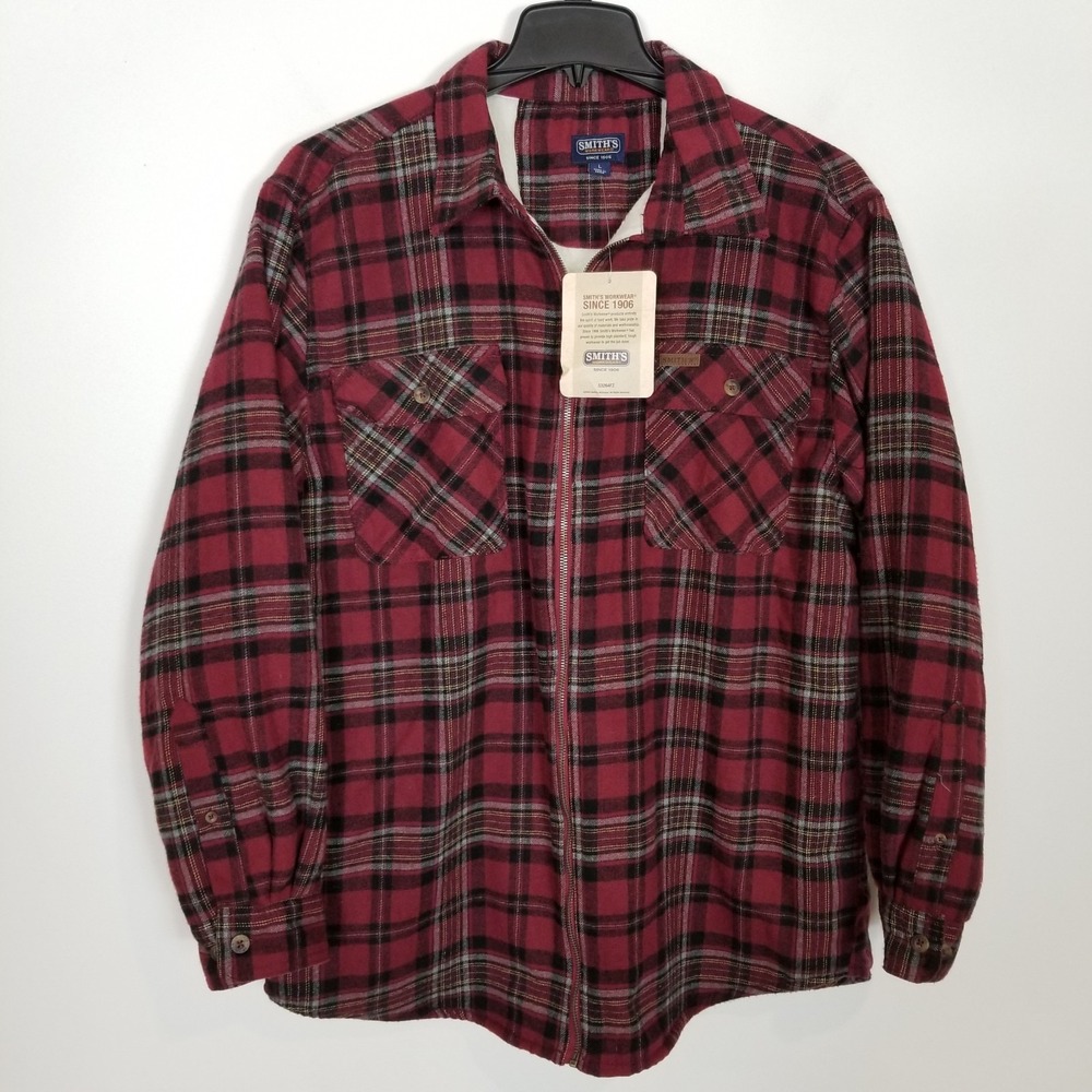 Smith's Workwear Zip-Front Sherpa-Lined‎ Flannel Shirt Jacket Sz L Red Plaid - Picture 2 of 12
